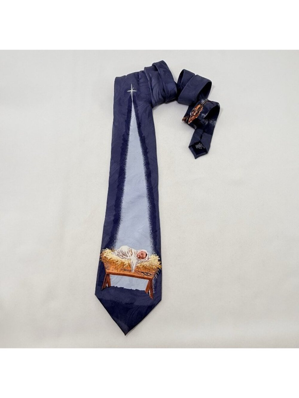 Vintage Corinthians Christmas Silk Tie Baby Jesus Nativity Necktie Blue Jacquard